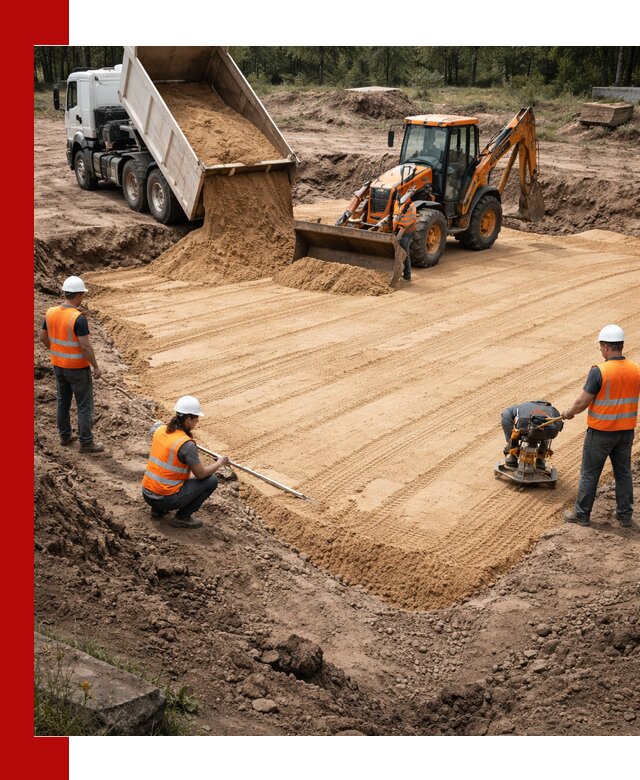 Устройство песчаной подушки для фундаментов и дорог в Зиме